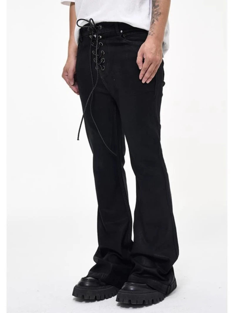 Vintage Batik Coating Black Slim Fit Flare Jeans Elasticity Stretch Ribbon Y2k Streetwear Casual Skinny Bell Bottom Jeans