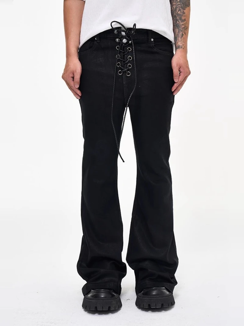Vintage Batik Coating Black Slim Fit Flare Jeans Elasticity Stretch Ribbon Y2k Streetwear Casual Skinny Bell Bottom Jeans