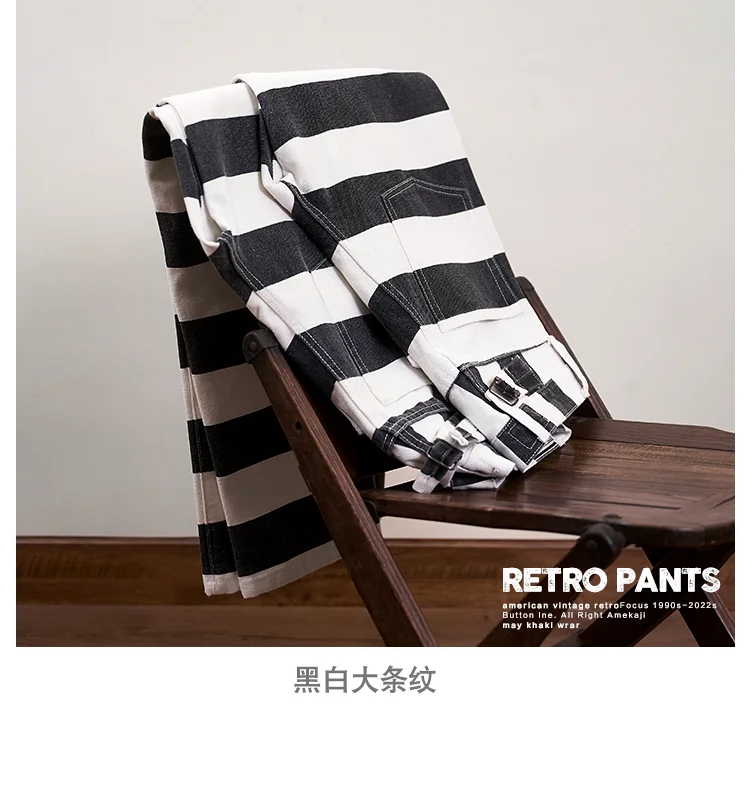 Autumn New American Retro 16oz Heavyweight Striped Cargo Pants Men's Fashion 100% Cotton Washed Thick Canvas Motorcycle Trousers