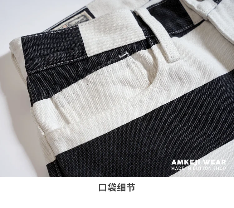 Autumn New American Retro 16oz Heavyweight Striped Cargo Pants Men's Fashion 100% Cotton Washed Thick Canvas Motorcycle Trousers