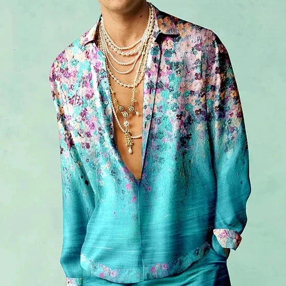 men's shirt retro music floral pattern print slim fit outdoor street long sleeve button clothing stylish street fashion design