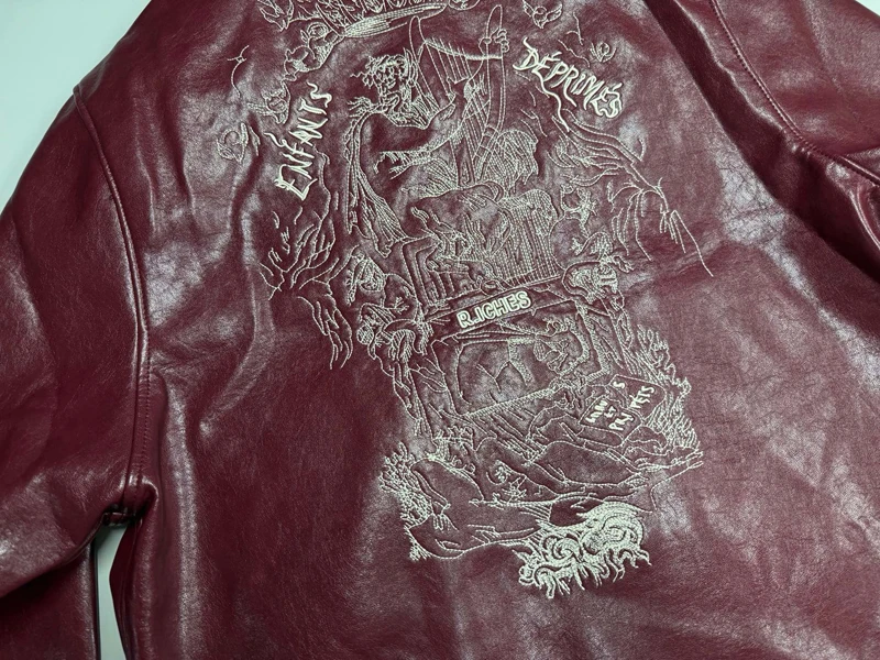 2026ss Embroidered Printed Leather Jacket High-quality Burgundy Loose Casual High Street Men's Women's Jackets
