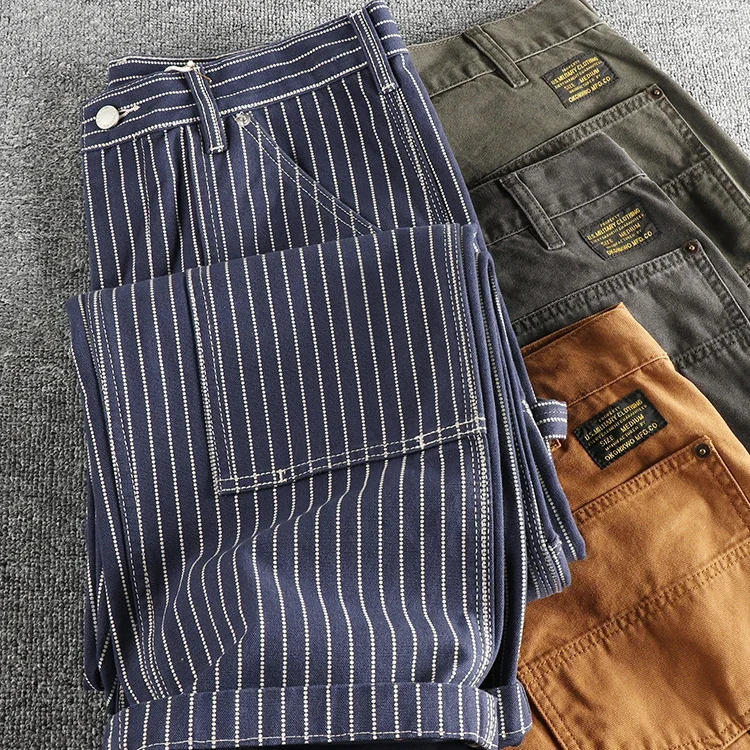 May Khaki Heavy Chunky Overalls Dyed Blue Striped Straight Trousers Men's Reproduction Trend Primary Color Pants