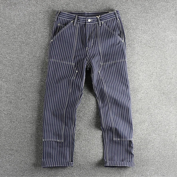 May Khaki Heavy Chunky Overalls Dyed Blue Striped Straight Trousers Men's Reproduction Trend Primary Color Pants