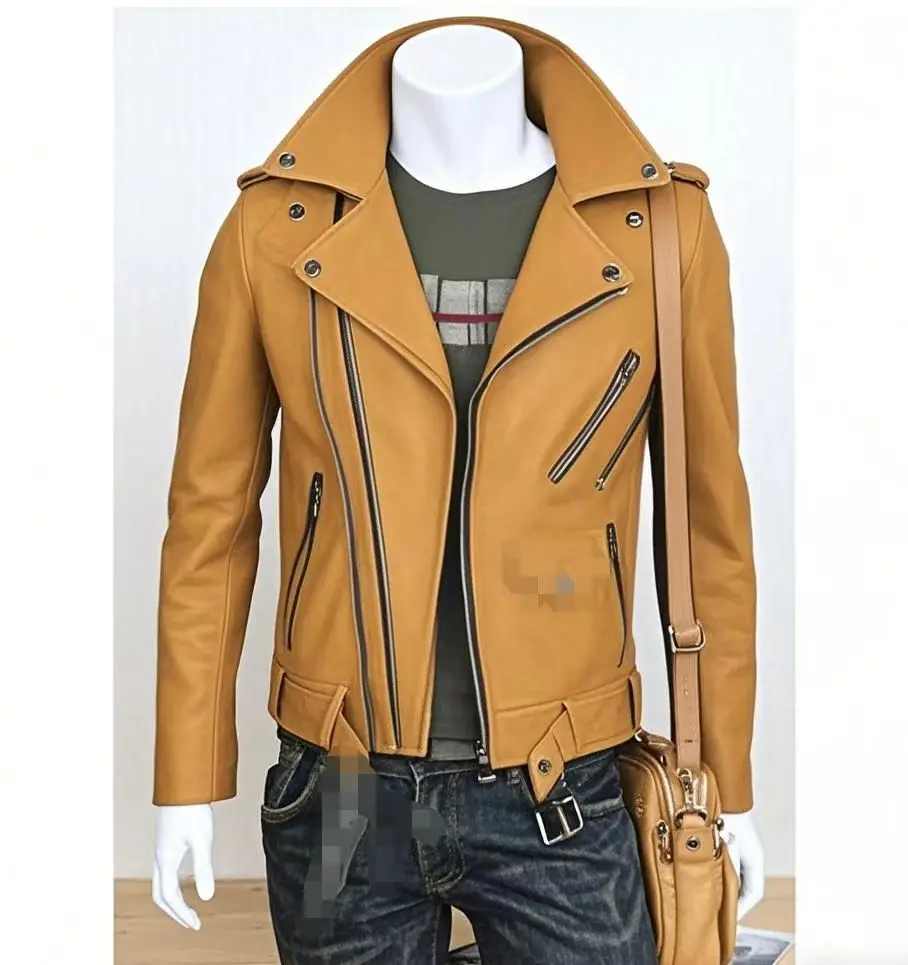 Winter and Autumn Men's Oversized Button-down PU Leather Coat with Multiple Zippers Polo Jacket, with Many Zippers Mens Jacket