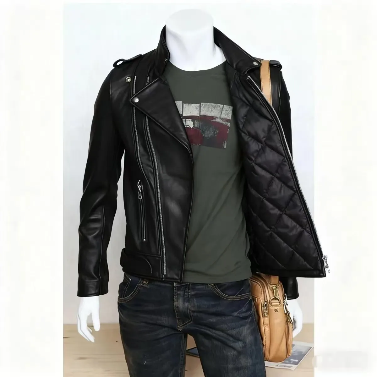 Winter and Autumn Men's Oversized Button-down PU Leather Coat with Multiple Zippers Polo Jacket, with Many Zippers Mens Jacket