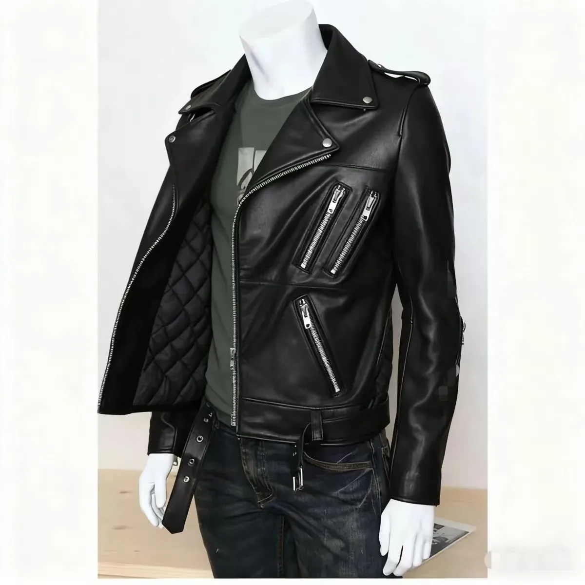Winter and Autumn Men's Oversized Button-down PU Leather Coat with Multiple Zippers Polo Jacket, with Many Zippers Mens Jacket