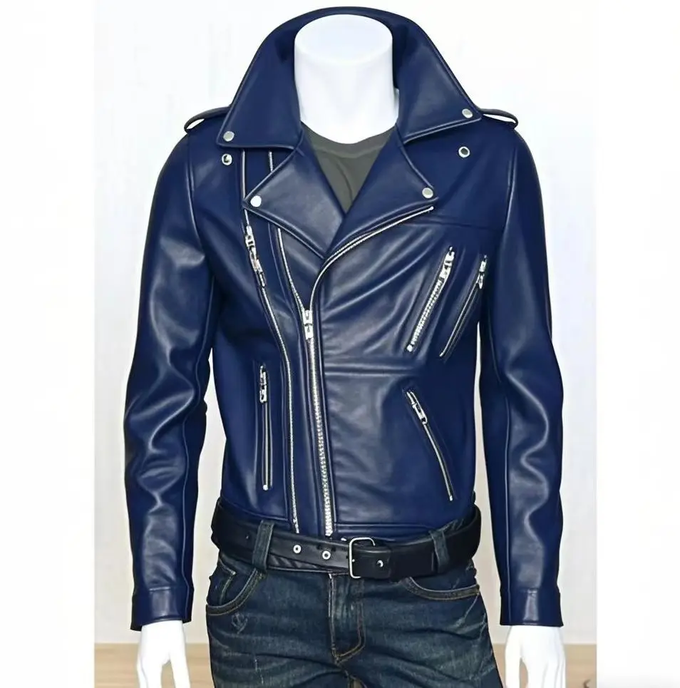 Winter and Autumn Men's Oversized Button-down PU Leather Coat with Multiple Zippers Polo Jacket, with Many Zippers Mens Jacket
