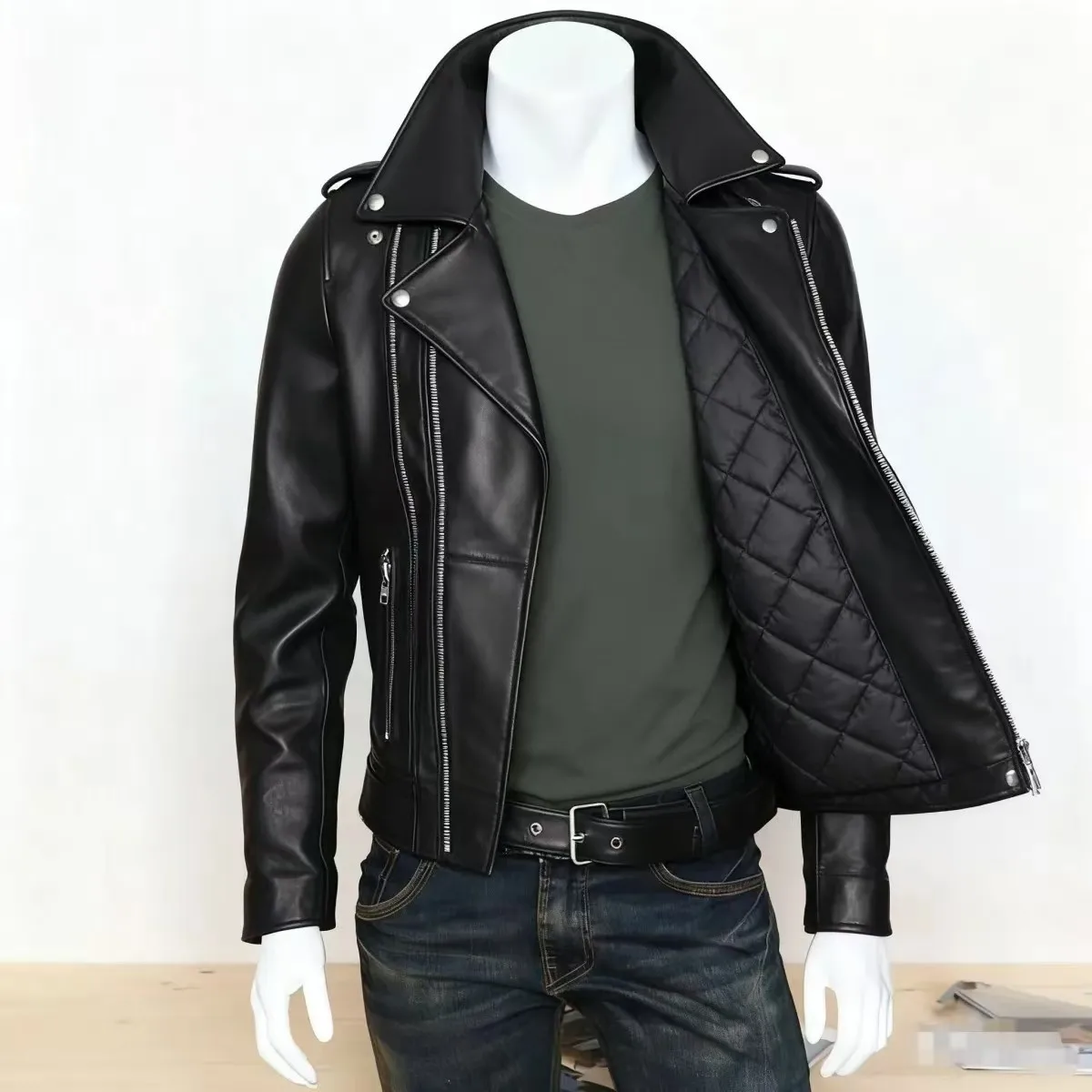 Winter and Autumn Men's Oversized Button-down PU Leather Coat with Multiple Zippers Polo Jacket, with Many Zippers Mens Jacket