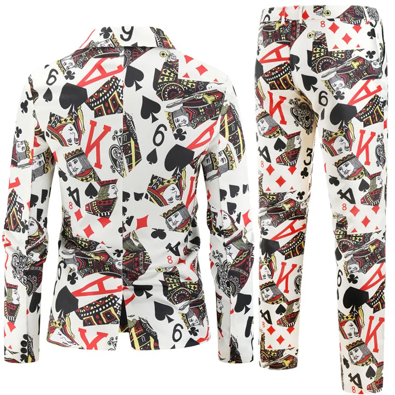 2026 New Thin Mens Suit Two-Piece, Poker Pattern Printed Decorative Jacket With Trousers, Fashion Casual Men Sets