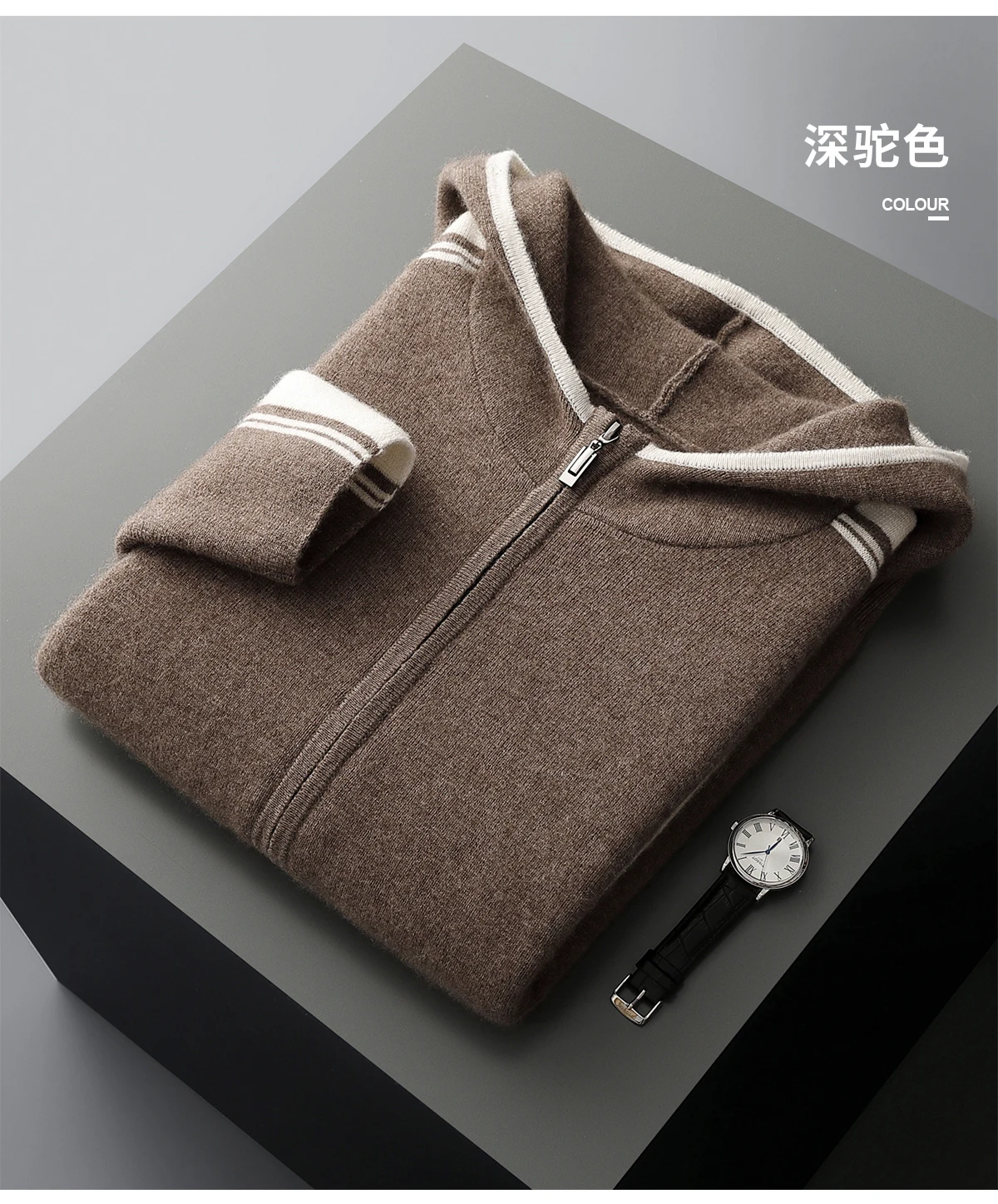Men's 100% Merino Wool Two-piece Sets Hooded Collar Zipper Cardigan and Straight-leg Pant Autumn Winter Thickened Knit Clothing