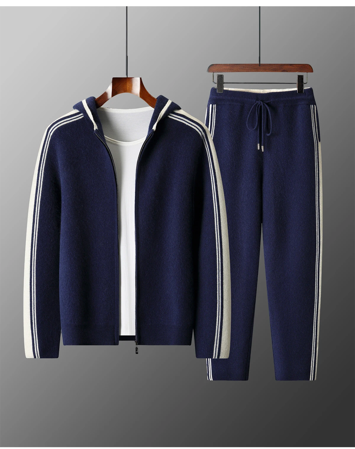 Men's 100% Merino Wool Two-piece Sets Hooded Collar Zipper Cardigan and Straight-leg Pant Autumn Winter Thickened Knit Clothing