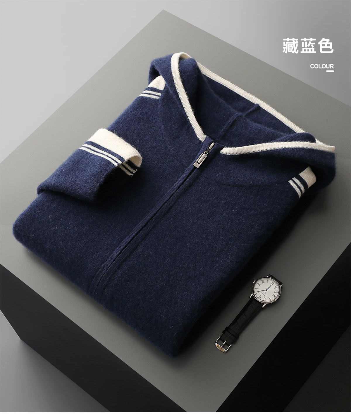 Men's 100% Merino Wool Two-piece Sets Hooded Collar Zipper Cardigan and Straight-leg Pant Autumn Winter Thickened Knit Clothing