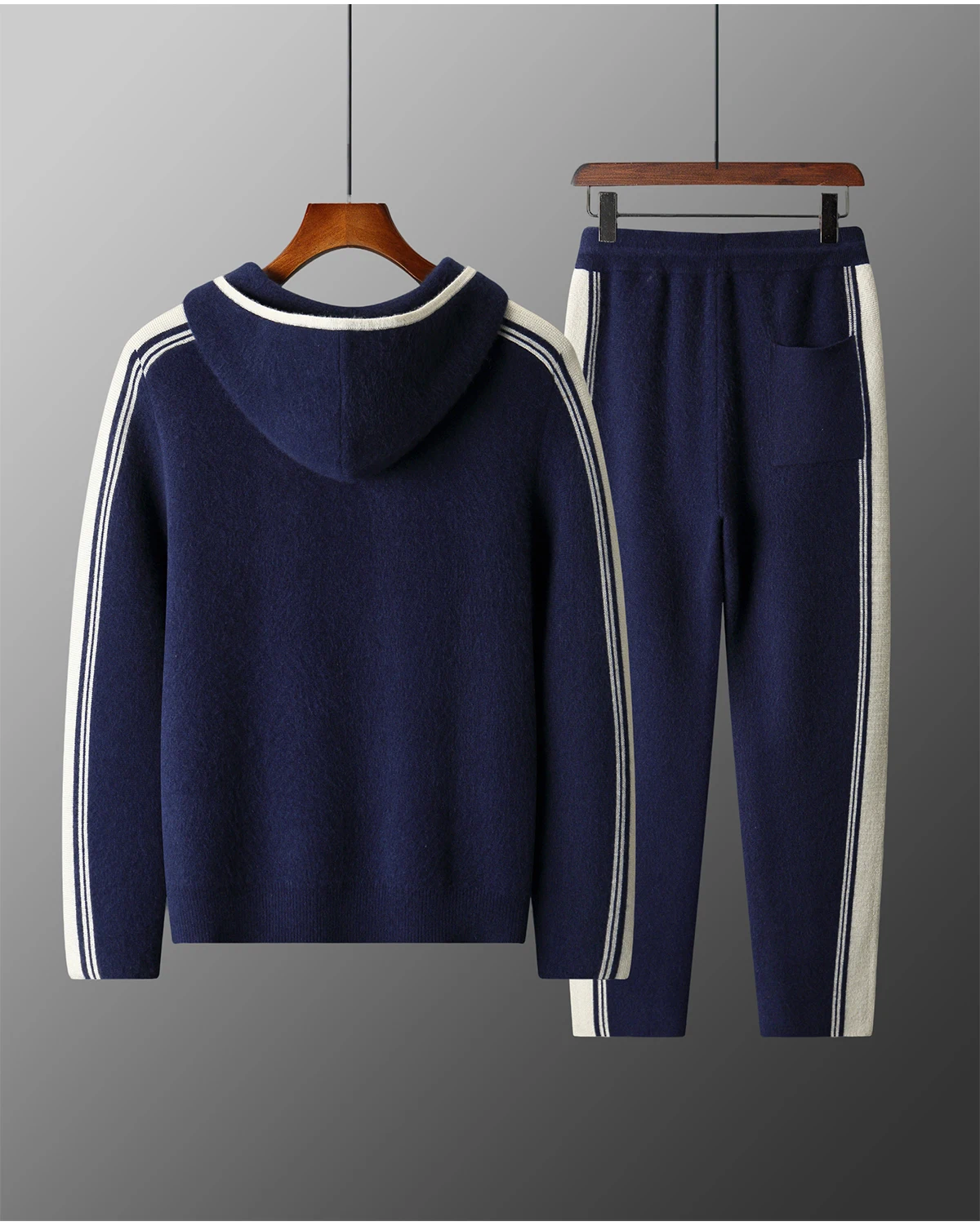 Men's 100% Merino Wool Two-piece Sets Hooded Collar Zipper Cardigan and Straight-leg Pant Autumn Winter Thickened Knit Clothing