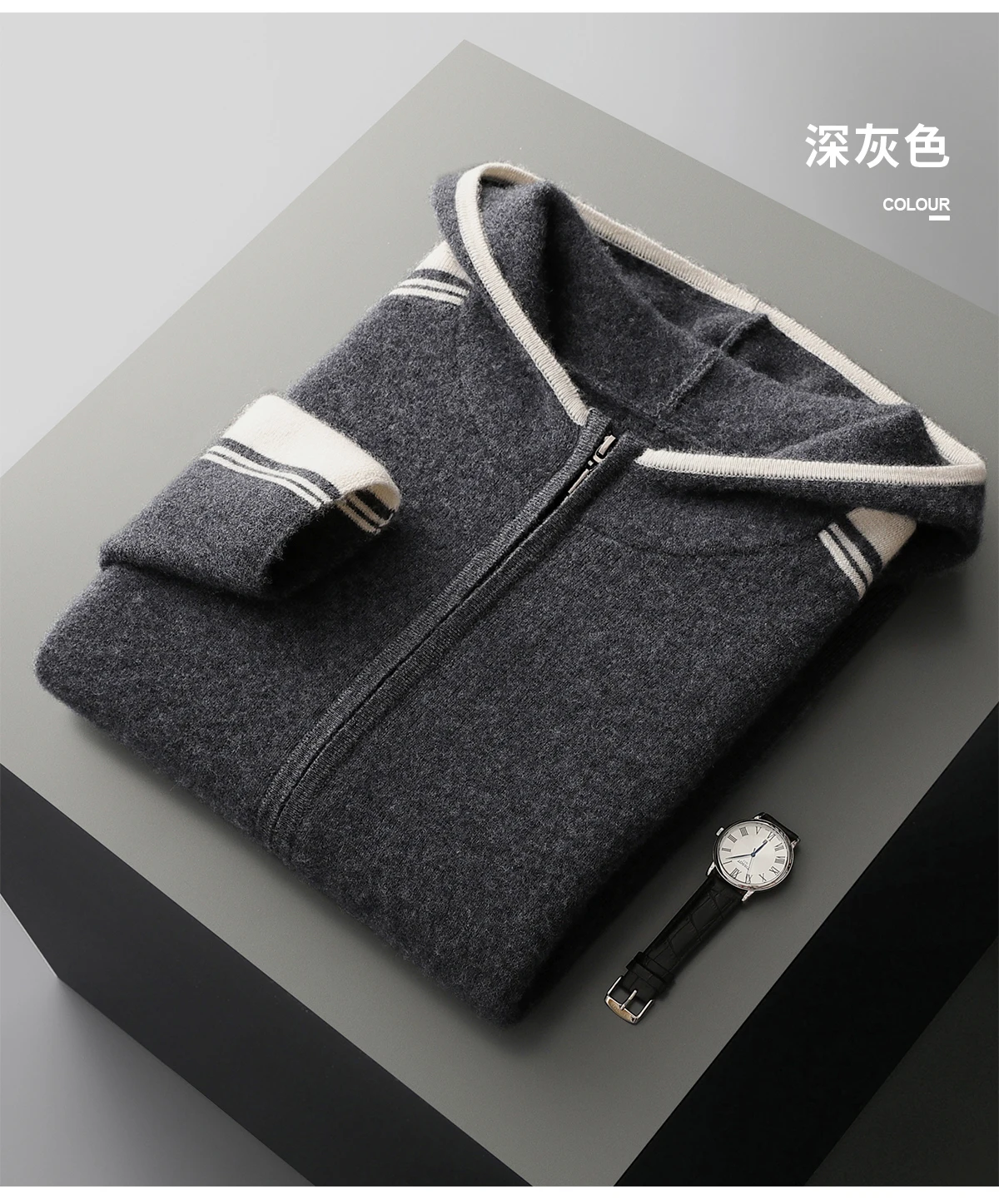 Men's 100% Merino Wool Two-piece Sets Hooded Collar Zipper Cardigan and Straight-leg Pant Autumn Winter Thickened Knit Clothing