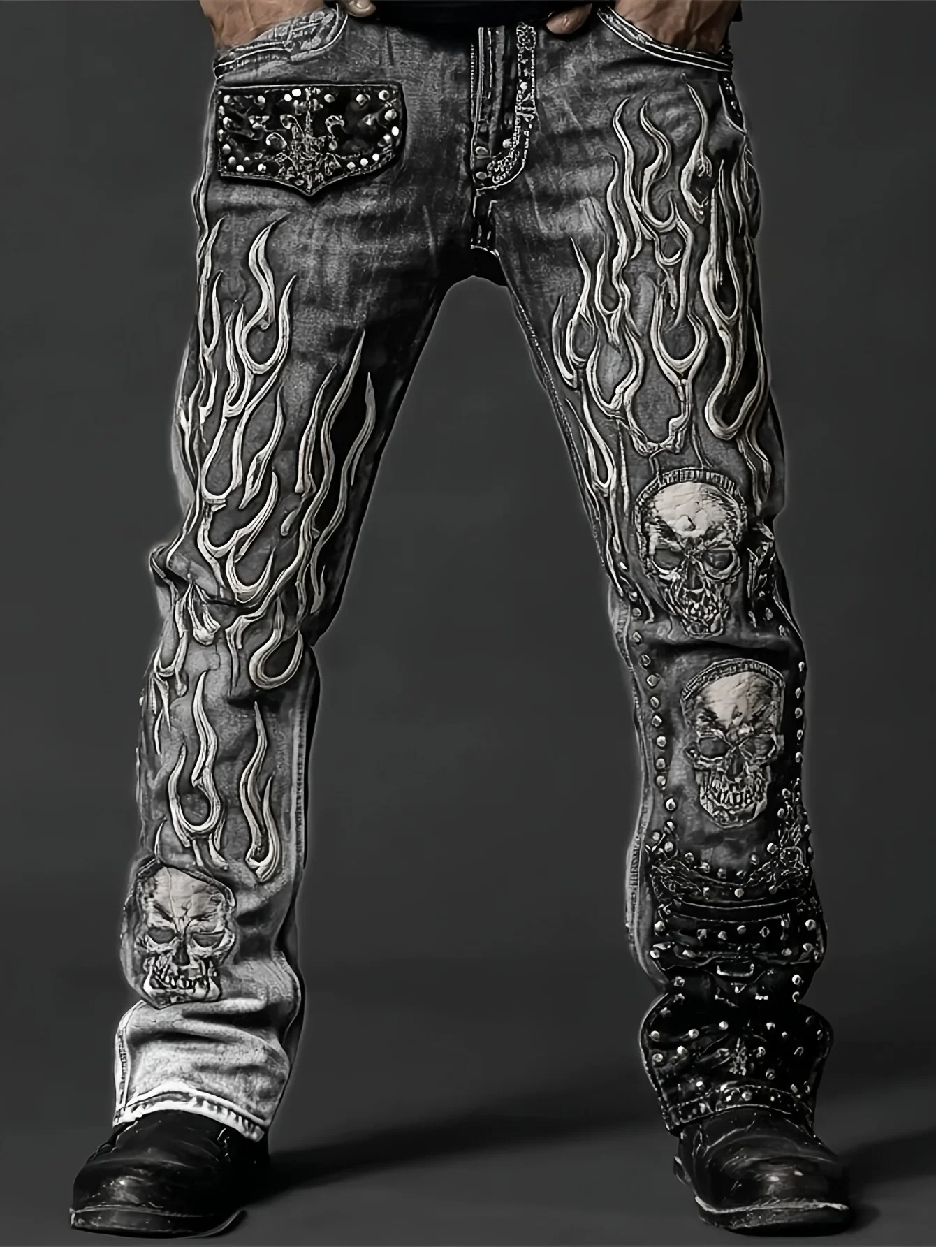 Men's Vintage Washed Straight Leg Denim Jeans, Skull Flame Graphic Print Rivet Studded Design, Loose Fit Punk Streetwear Casual Trousers, All Season Daily Outdoor Hip Hop Fashion Long Pants