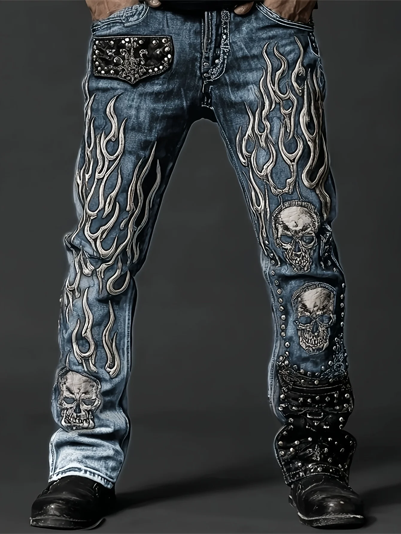Men's Vintage Washed Straight Leg Denim Jeans, Skull Flame Graphic Print Rivet Studded Design, Loose Fit Punk Streetwear Casual Trousers, All Season Daily Outdoor Hip Hop Fashion Long Pants
