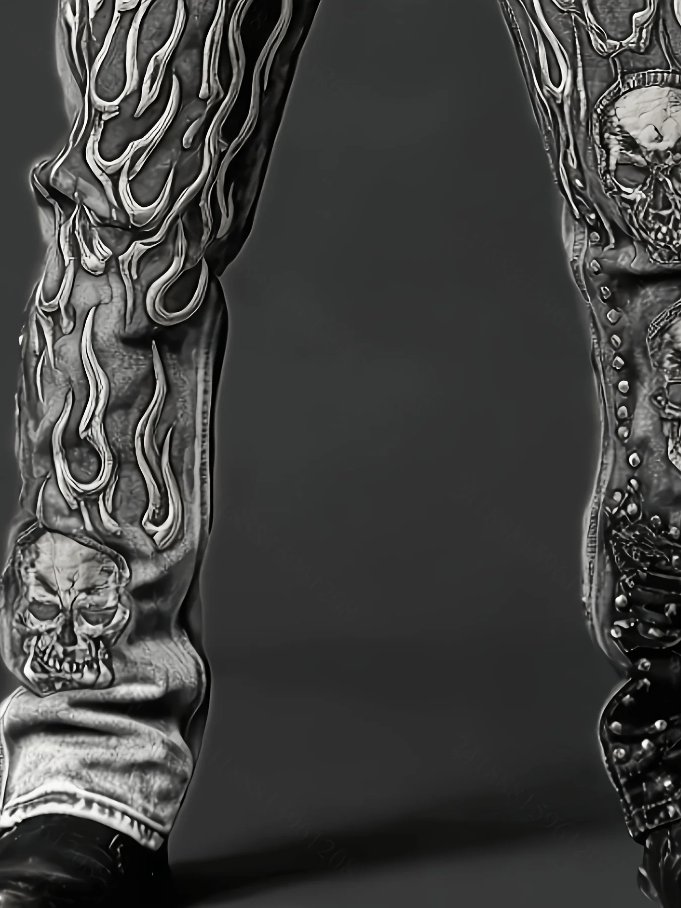 Men's Vintage Washed Straight Leg Denim Jeans, Skull Flame Graphic Print Rivet Studded Design, Loose Fit Punk Streetwear Casual Trousers, All Season Daily Outdoor Hip Hop Fashion Long Pants