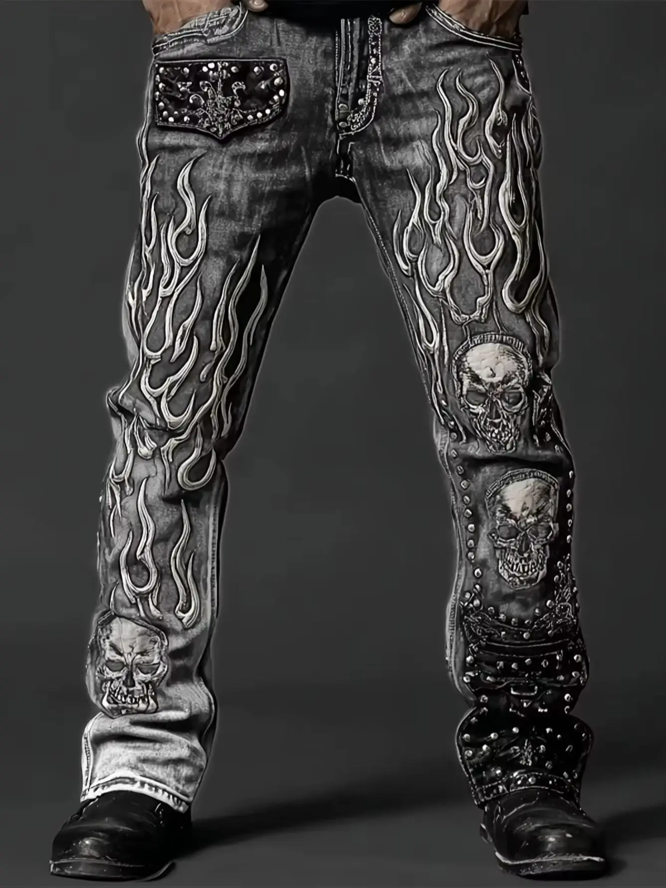 Men's Vintage Washed Straight Leg Denim Jeans, Skull Flame Graphic Print Rivet Studded Design, Loose Fit Punk Streetwear Casual Trousers, All Season Daily Outdoor Hip Hop Fashion Long Pants