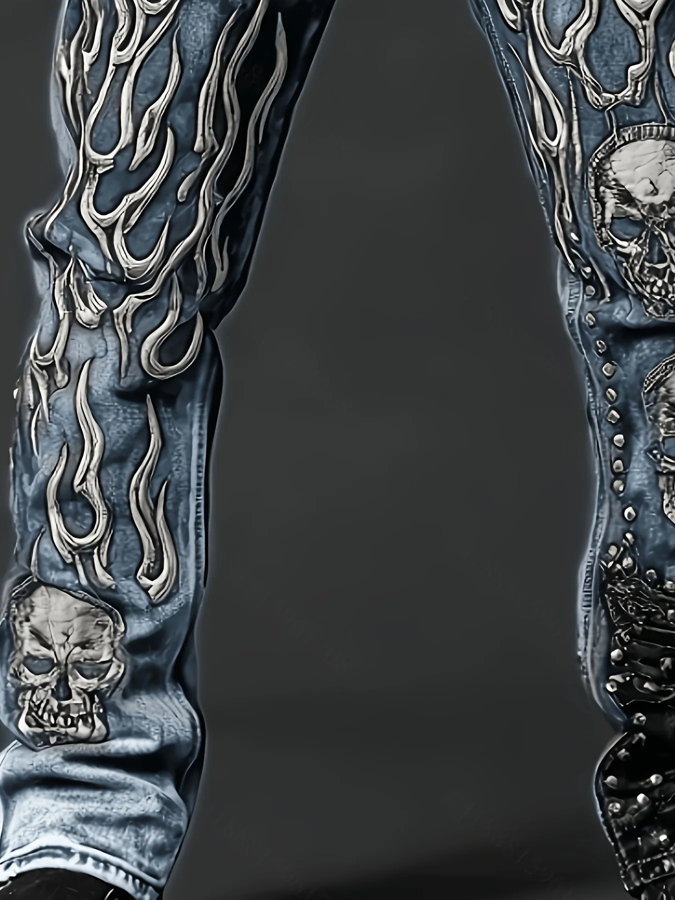 Men's Vintage Washed Straight Leg Denim Jeans, Skull Flame Graphic Print Rivet Studded Design, Loose Fit Punk Streetwear Casual Trousers, All Season Daily Outdoor Hip Hop Fashion Long Pants