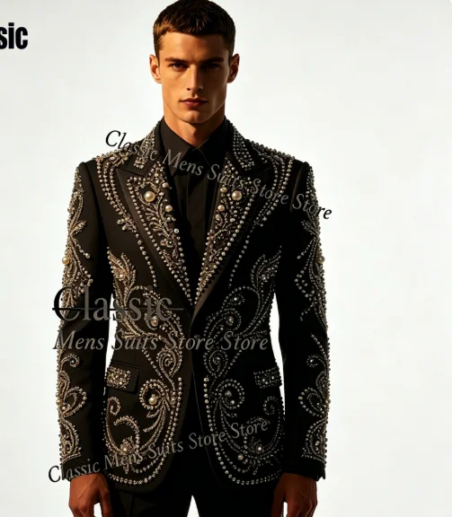 Luxury Diamond Men suit Customized Fashion Beaded Gem For Prom Groom Male Wedidng Party Glitter Blazer 2 Pieces Set Tuxedos Slim