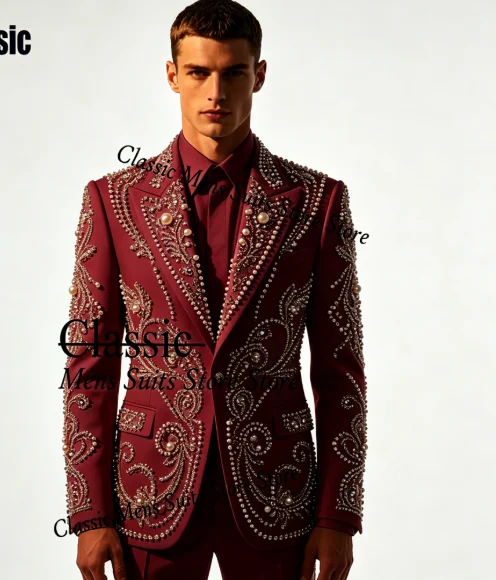 Luxury Diamond Men suit Customized Fashion Beaded Gem For Prom Groom Male Wedidng Party Glitter Blazer 2 Pieces Set Tuxedos Slim