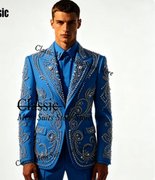 Luxury Diamond Men suit Customized Fashion Beaded Gem For Prom Groom Male Wedidng Party Glitter Blazer 2 Pieces Set Tuxedos Slim