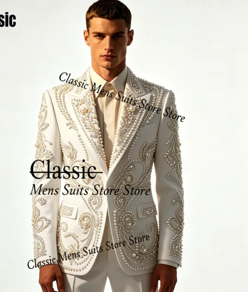 Luxury Diamond Men suit Customized Fashion Beaded Gem For Prom Groom Male Wedidng Party Glitter Blazer 2 Pieces Set Tuxedos Slim
