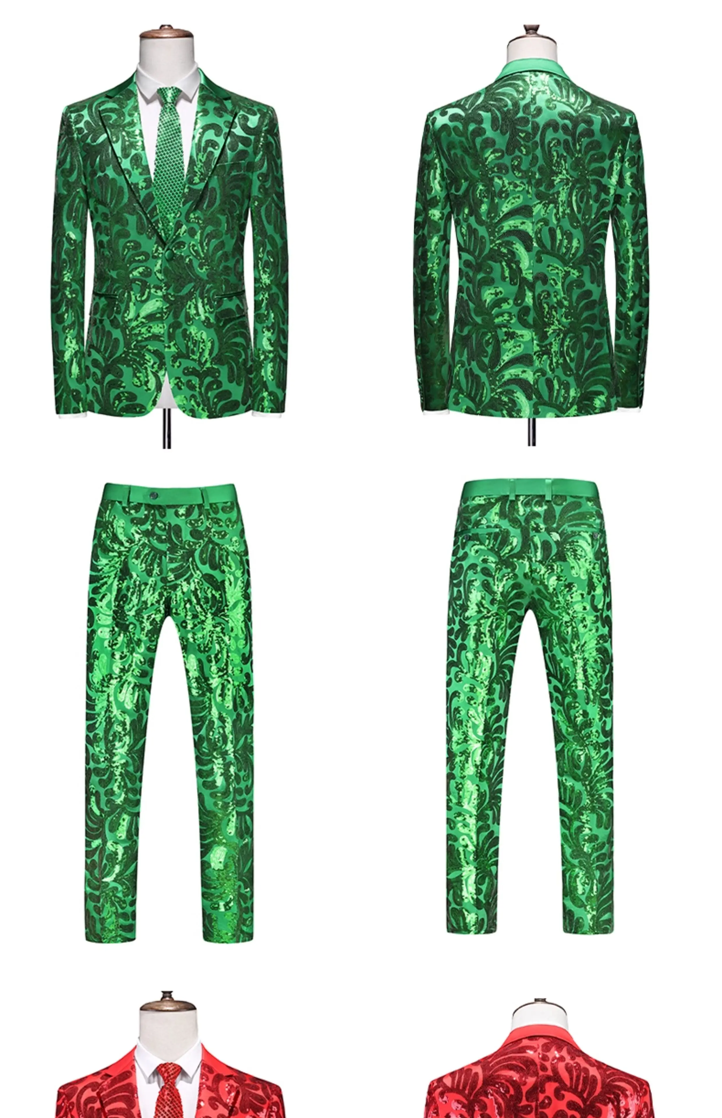 Red Men's Slim Fashion Sequin Suit Two Piece, Top + Pants, Available in Blue, Black, Gold, Green, Size M-6XL