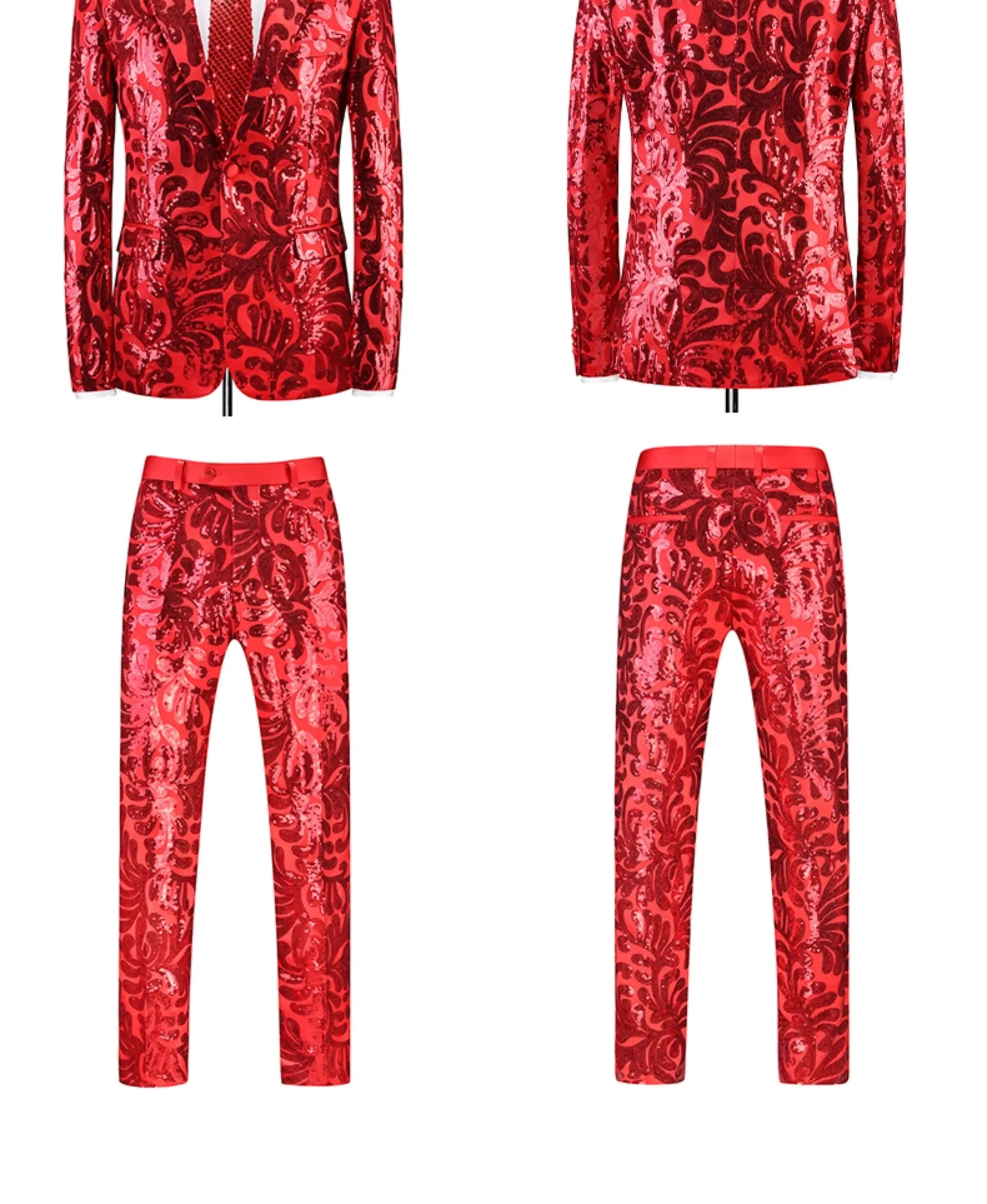 Red Men's Slim Fashion Sequin Suit Two Piece, Top + Pants, Available in Blue, Black, Gold, Green, Size M-6XL