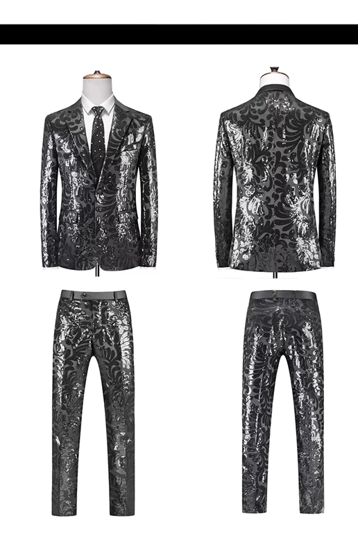 Red Men's Slim Fashion Sequin Suit Two Piece, Top + Pants, Available in Blue, Black, Gold, Green, Size M-6XL