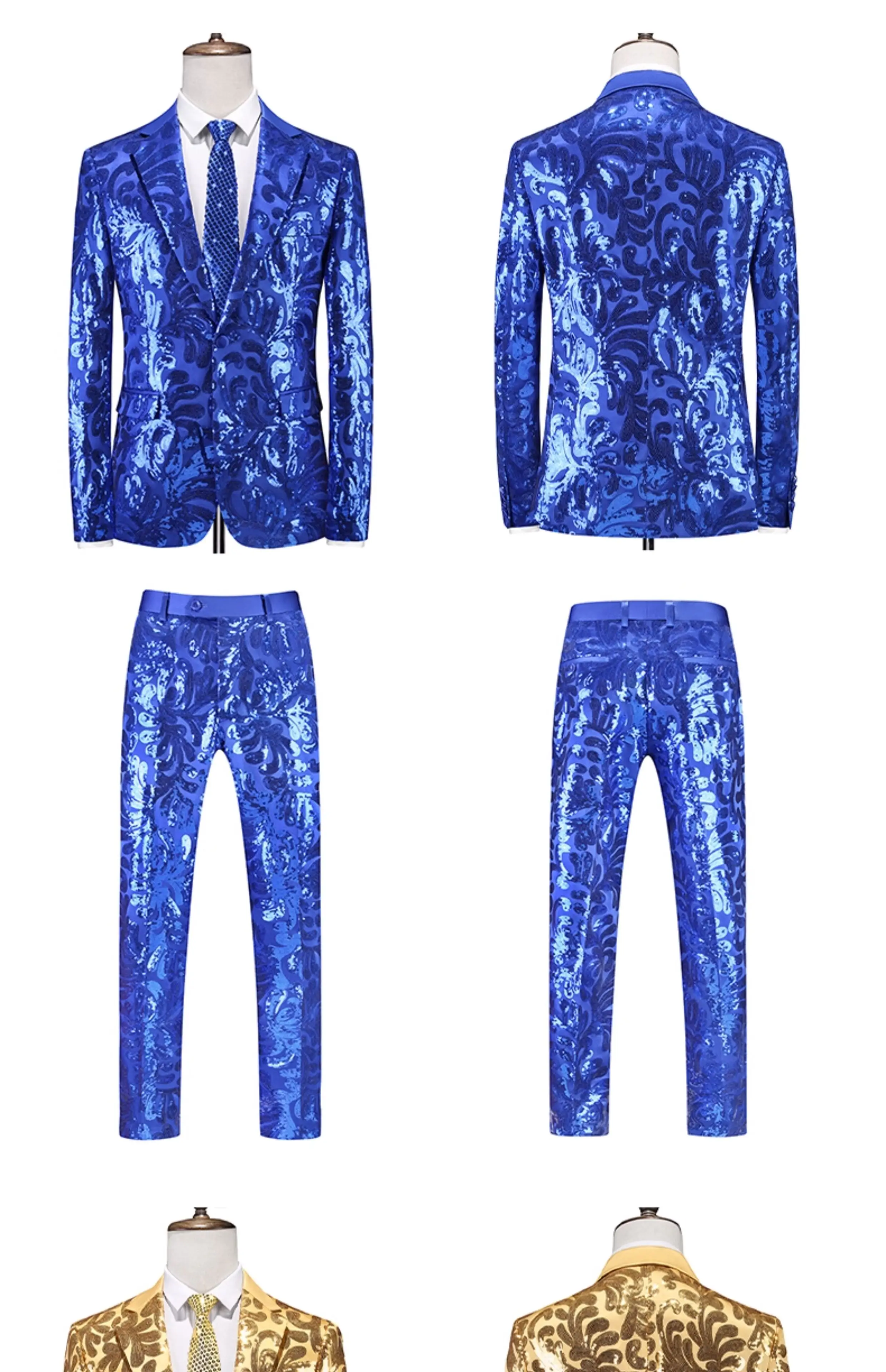 Red Men's Slim Fashion Sequin Suit Two Piece, Top + Pants, Available in Blue, Black, Gold, Green, Size M-6XL