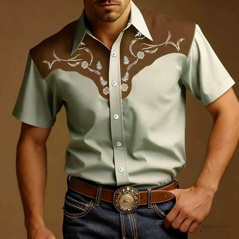 Men's Western Style Shirt Vintage Clothes Cowboy 3D Print Shirt Men Retro Style Men Lapel Shirt Fashion Short Sleeve Casual Tops