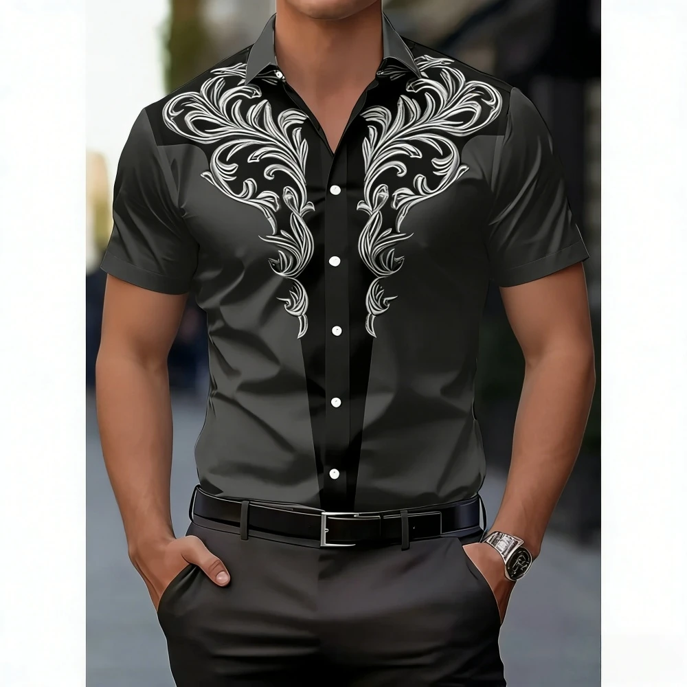 Men's Western Style Shirt Vintage Clothes Cowboy 3D Print Shirt Men Retro Style Men Lapel Shirt Fashion Short Sleeve Casual Tops