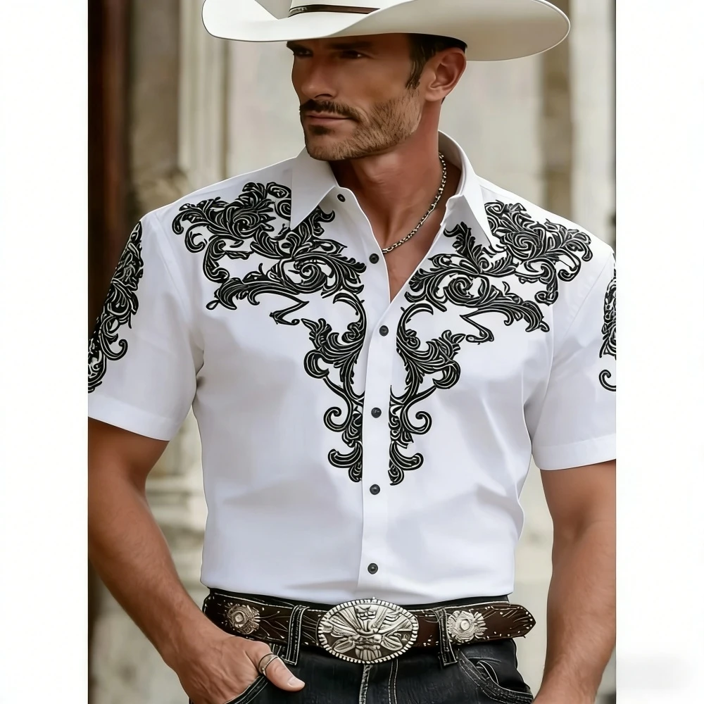 Men's Western Style Shirt Vintage Clothes Cowboy 3D Print Shirt Men Retro Style Men Lapel Shirt Fashion Short Sleeve Casual Tops