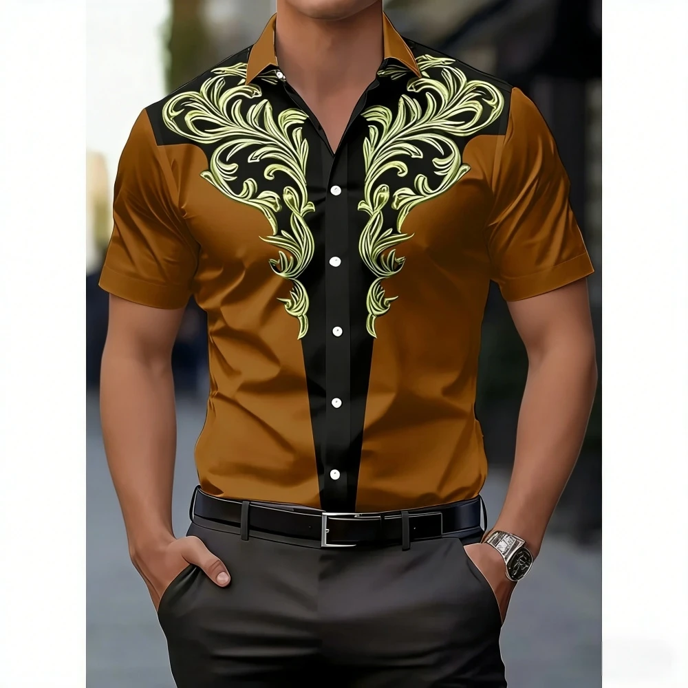 Men's Western Style Shirt Vintage Clothes Cowboy 3D Print Shirt Men Retro Style Men Lapel Shirt Fashion Short Sleeve Casual Tops