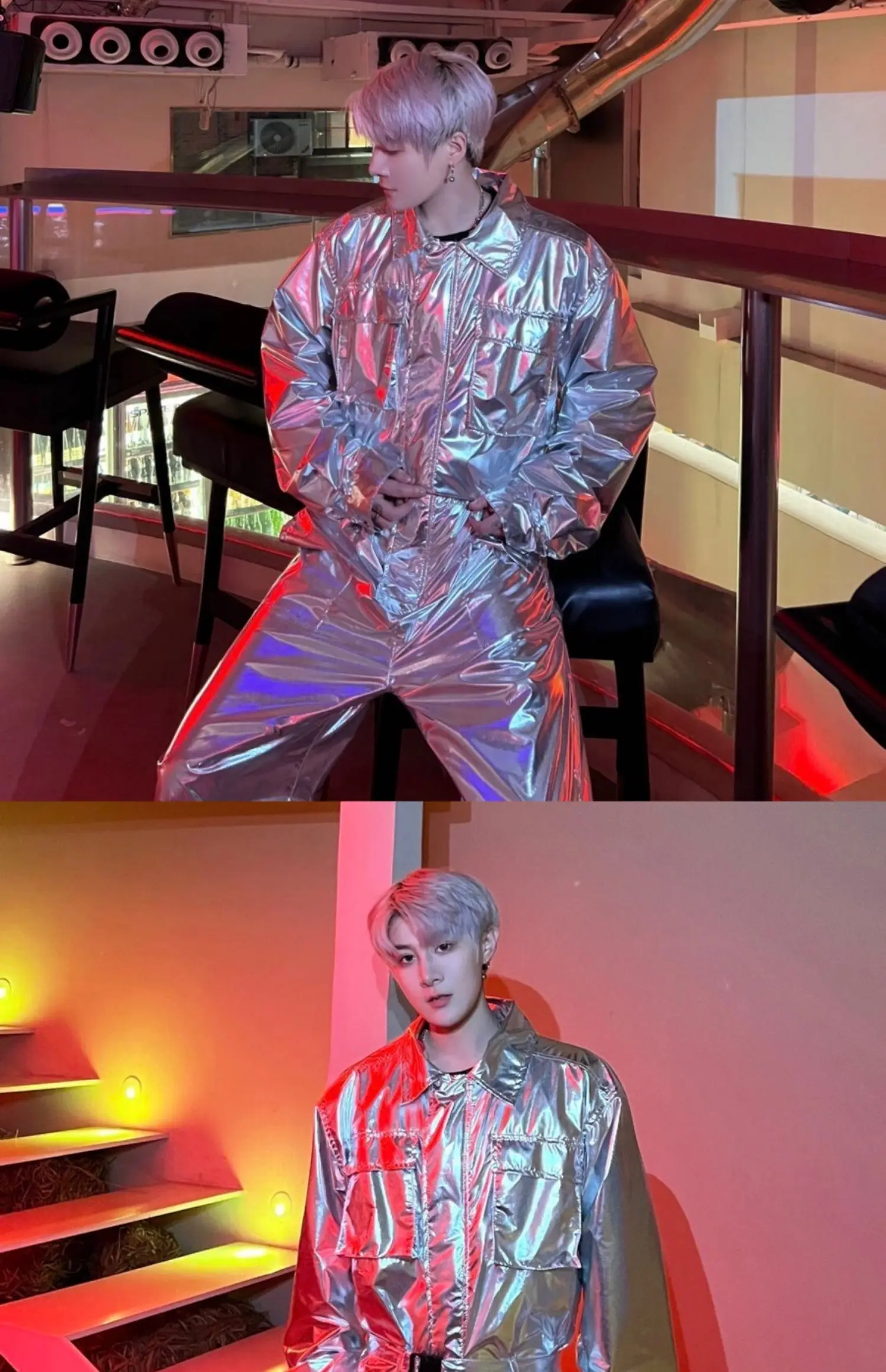 Mens PU Leather Gold Silvery Overall Bodysuit Jumpsuit Biker Style Suit Plain Color Long Sleeve Party Stage Clothing Male XXL