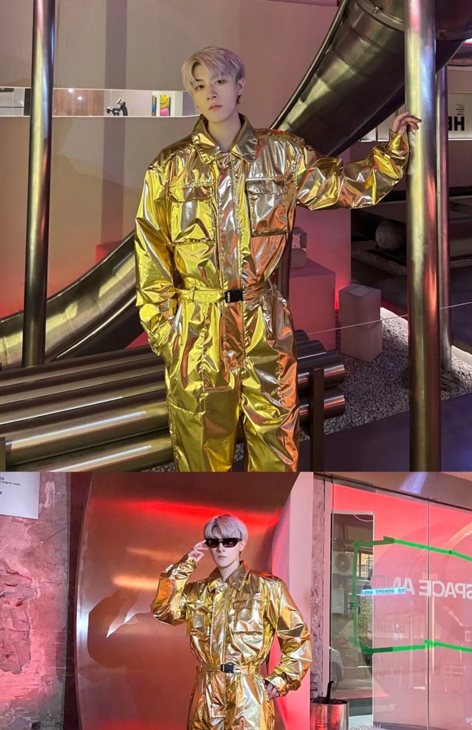 Mens PU Leather Gold Silvery Overall Bodysuit Jumpsuit Biker Style Suit Plain Color Long Sleeve Party Stage Clothing Male XXL