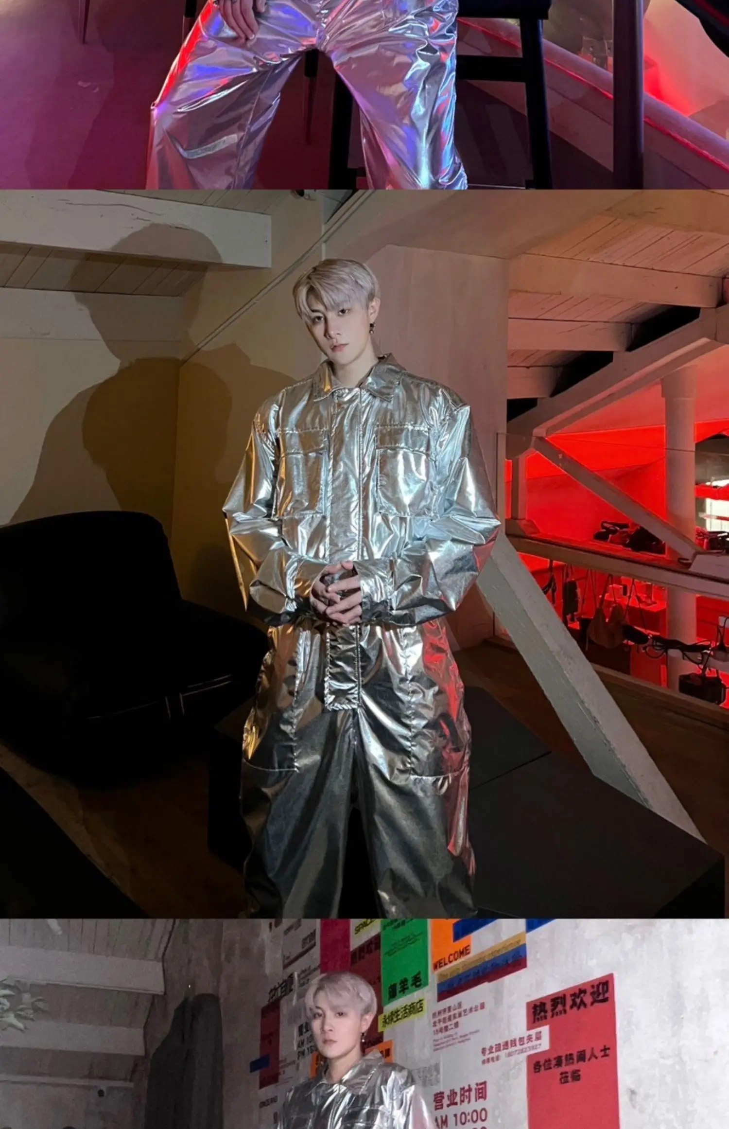 Mens PU Leather Gold Silvery Overall Bodysuit Jumpsuit Biker Style Suit Plain Color Long Sleeve Party Stage Clothing Male XXL