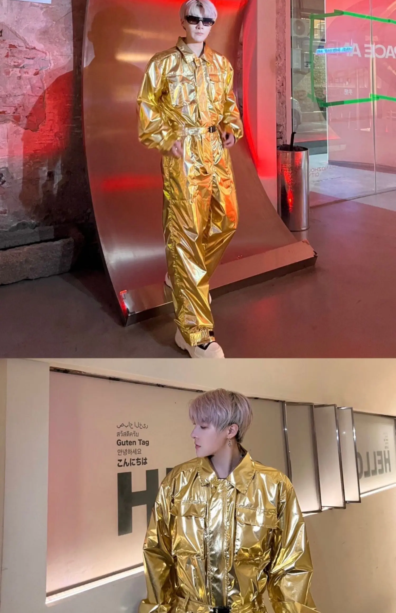 Mens PU Leather Gold Silvery Overall Bodysuit Jumpsuit Biker Style Suit Plain Color Long Sleeve Party Stage Clothing Male XXL