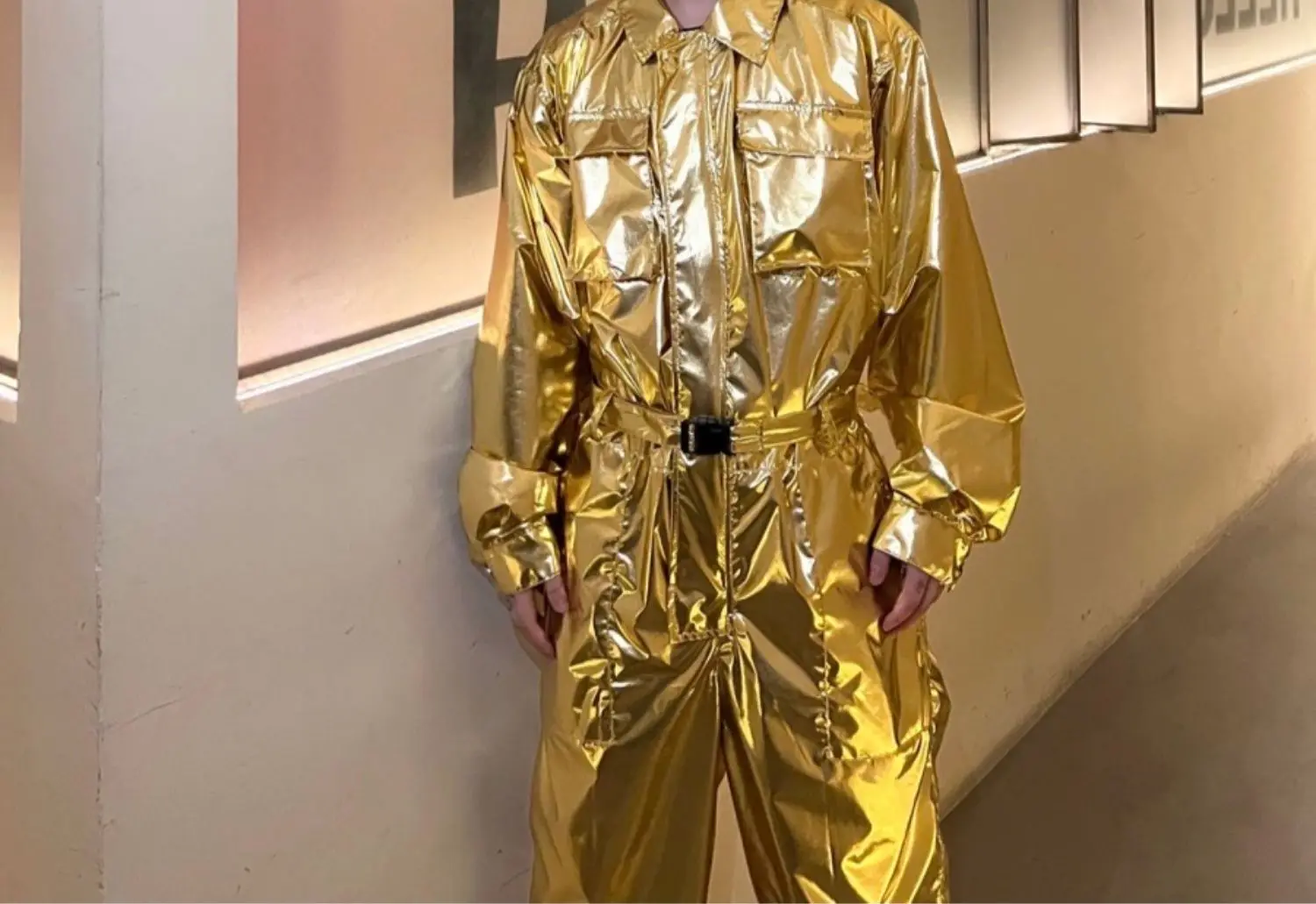 Mens PU Leather Gold Silvery Overall Bodysuit Jumpsuit Biker Style Suit Plain Color Long Sleeve Party Stage Clothing Male XXL