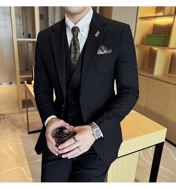 (Jackets+Pants+Vest) Luxury Stripe Men Suit Korean Version Fashion Elegant Slim Fit Tuxedo Formal Groom Wedding Social Suits