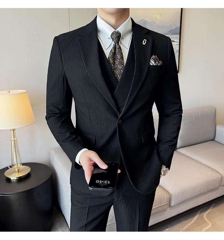 (Jackets+Pants+Vest) Luxury Stripe Men Suit Korean Version Fashion Elegant Slim Fit Tuxedo Formal Groom Wedding Social Suits