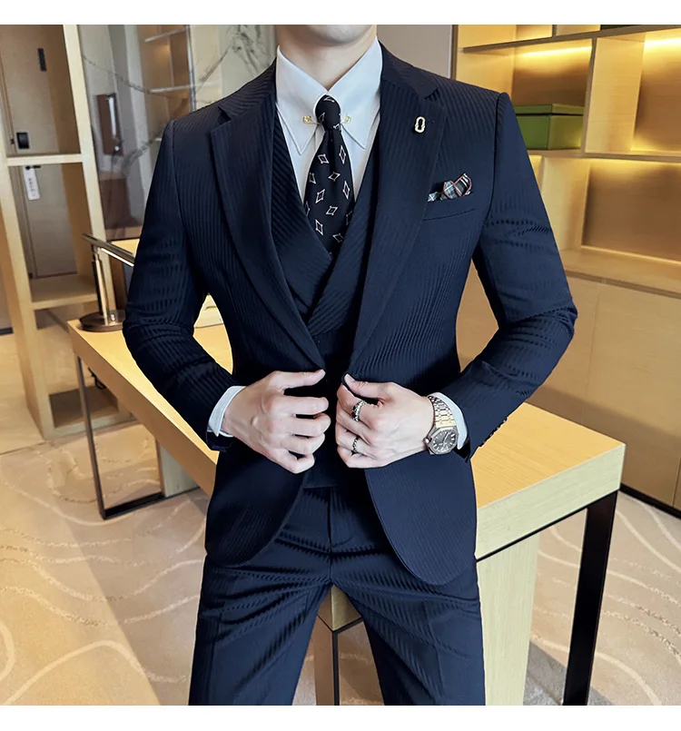 (Jackets+Pants+Vest) Luxury Stripe Men Suit Korean Version Fashion Elegant Slim Fit Tuxedo Formal Groom Wedding Social Suits