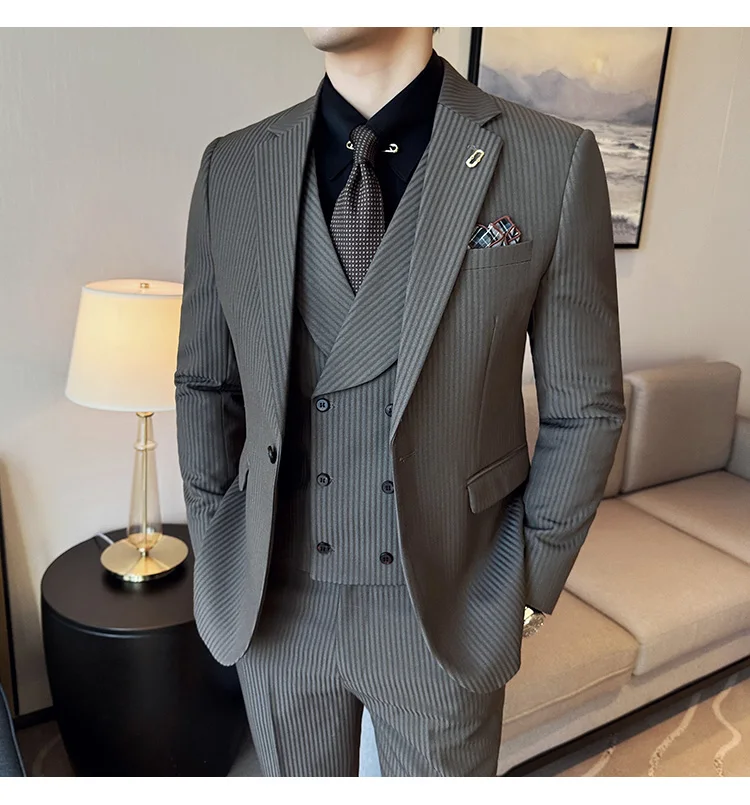 (Jackets+Pants+Vest) Luxury Stripe Men Suit Korean Version Fashion Elegant Slim Fit Tuxedo Formal Groom Wedding Social Suits