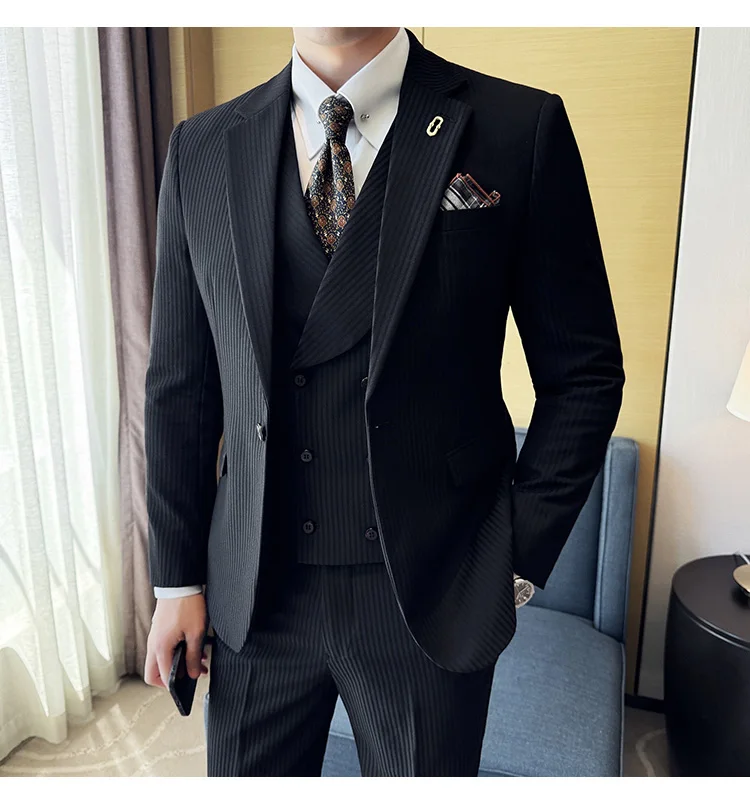 (Jackets+Pants+Vest) Luxury Stripe Men Suit Korean Version Fashion Elegant Slim Fit Tuxedo Formal Groom Wedding Social Suits