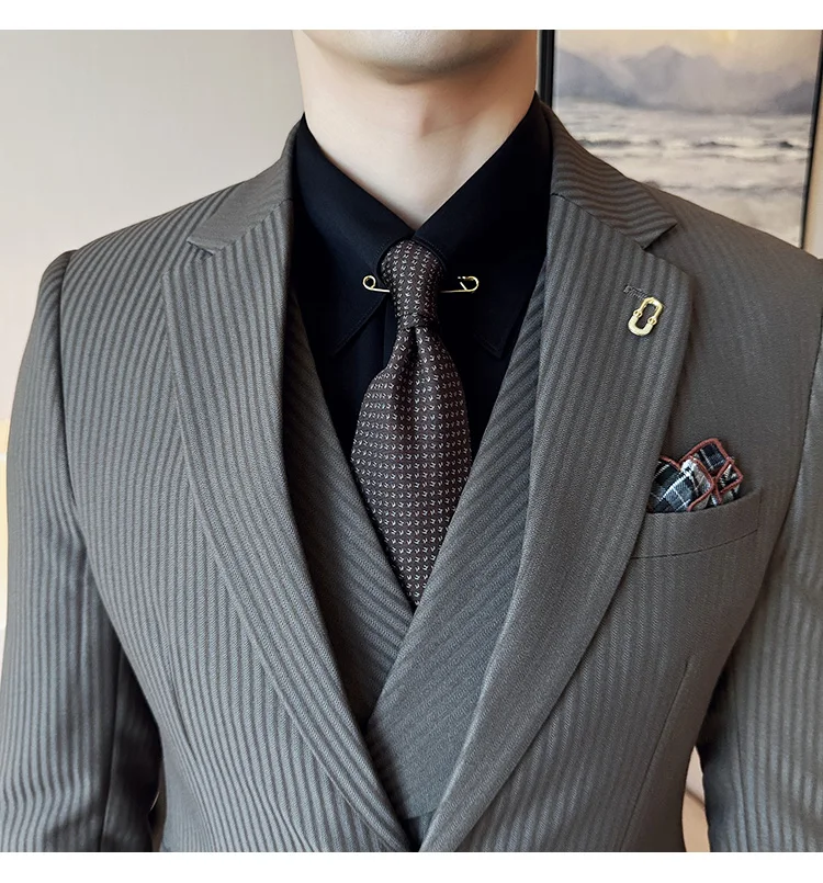 (Jackets+Pants+Vest) Luxury Stripe Men Suit Korean Version Fashion Elegant Slim Fit Tuxedo Formal Groom Wedding Social Suits