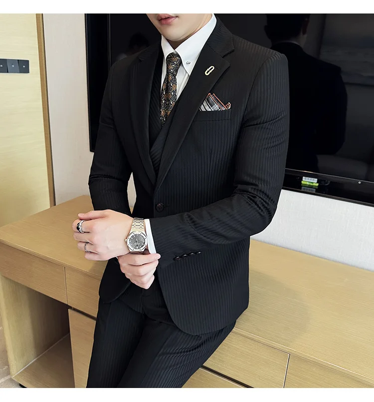 (Jackets+Pants+Vest) Luxury Stripe Men Suit Korean Version Fashion Elegant Slim Fit Tuxedo Formal Groom Wedding Social Suits