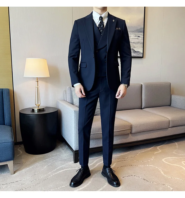 (Jackets+Pants+Vest) Luxury Stripe Men Suit Korean Version Fashion Elegant Slim Fit Tuxedo Formal Groom Wedding Social Suits