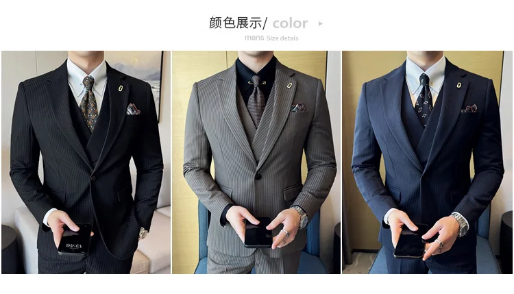 (Jackets+Pants+Vest) Luxury Stripe Men Suit Korean Version Fashion Elegant Slim Fit Tuxedo Formal Groom Wedding Social Suits